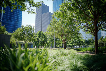 Urban park with lush greenery and modern skyscrapers in the background, showcasing a balance between nature and city life