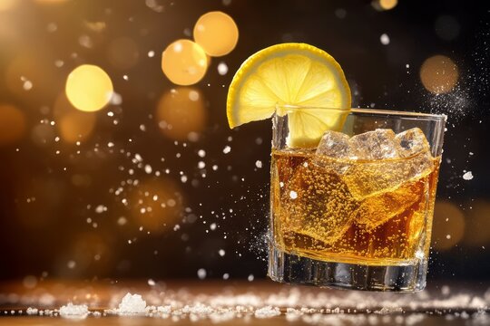 A captivating image capturing a floating tequila glass and a lemon wedge. Salt grains hover mid-air, creating a unique frozen-in-time effect, perfect for showcasing cocktail artistry.