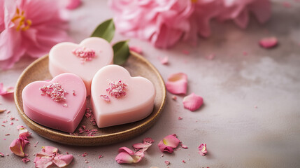  Heartshaped soap bars with pink flowers and petals, Handmade rose soap bars in shape of heart, Spa and selfcare organic product, AI generated