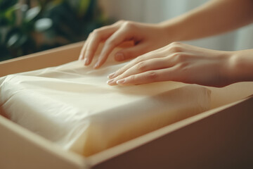 Hands carefully wrap an object with packing paper, highlighting attentive preparation for shipment. The scene depicts the precise technique of folding and securing for safe transportation.