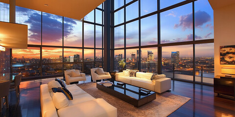 Fototapeta premium Stunning sunset view from a modern urban living room