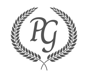 Initial letter P and G, PG monogram logo design with laurel wreath. Luxury calligraphy font.