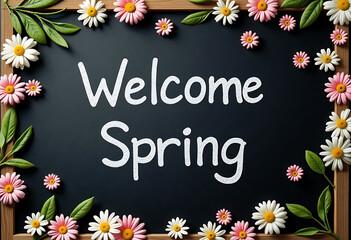Welcome spring message on a chalkboard surrounded by colorful daisies and green leaves, symbolizing renewal and the joy of the season