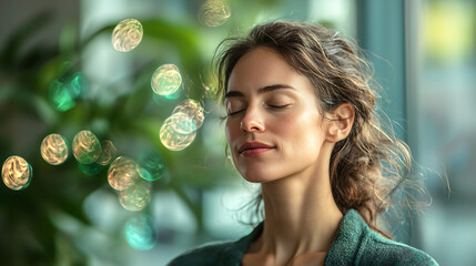 A serene woman in meditation, with gentle ripples of vibrant energy radiating around her, evoking a deep sense of calm and inner balance.