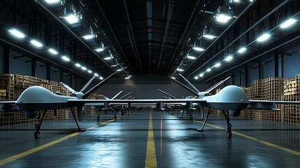 Military combat drones in warehouse unmanned aerial vehicles