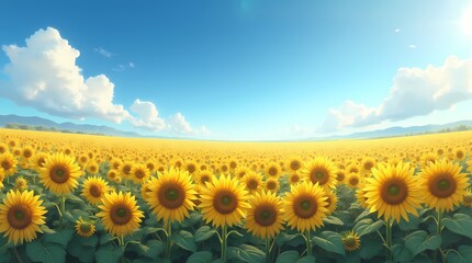 Obraz premium Wild summer landscape with a field of sunflowers stretching to the horizon and a bright blue sky
