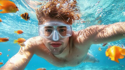 Fototapeta premium Young Man Swimming Underwater Surrounded by Colorful Tropical Fish in Crystal Clear Ocean Water with Bright Sunlight Reflections and Vibrant Marine Life
