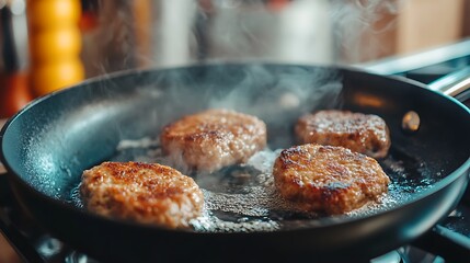 Fototapeta premium Minced cutlets fried in a pan in the kitchen