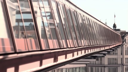 A close-up view of a modern bridge with glass panels and urban backdrop.