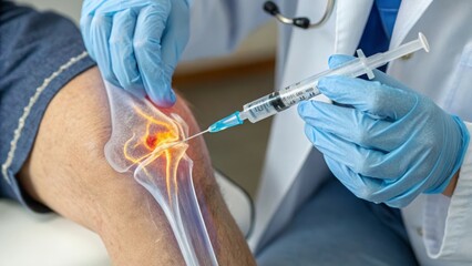 A doctor administering an injection into a patient's knee joint for treatment.