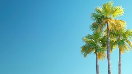 Three Lush Palm Trees Against a Bright Blue Sky Creating a Tropical and Inviting Atmosphere for Travel, Relaxation, and Leisure Activities in Sunny Environments