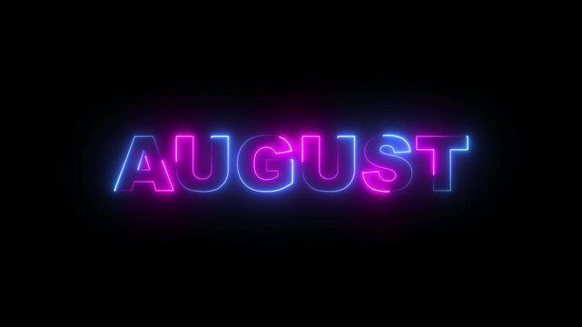 Abstract glowing august month text colorful neon light animation on black background.