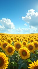 Fototapeta premium Wild summer landscape with a field of sunflowers stretching to the horizon and a bright blue sky