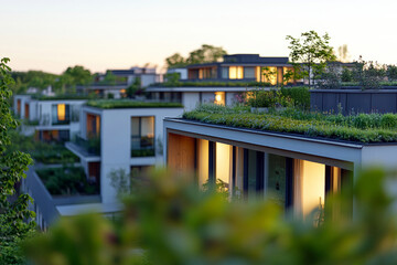 Fototapeta premium Modern eco-friendly apartments with lush rooftop gardens at sunset