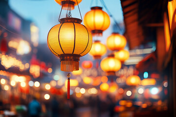 Traditional lanterns illuminating a vibrant street market at dusk