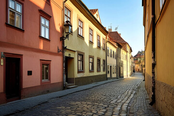 Fototapeta premium Charming cobblestone street lined with colorful historic buildings and warm glowing lights