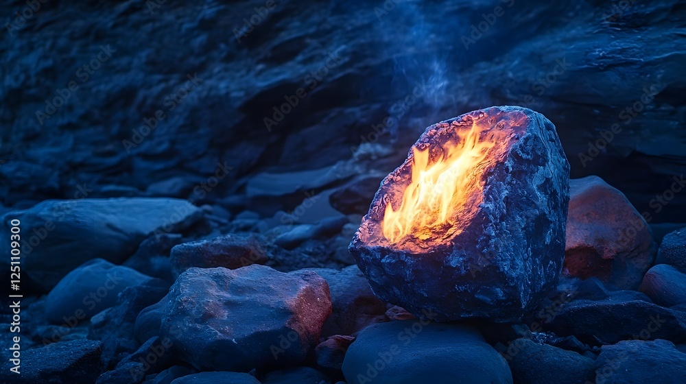 Poster glowing fiery rock emitting intense heat and energy creating a dramatic and vivid scene in a dark mo