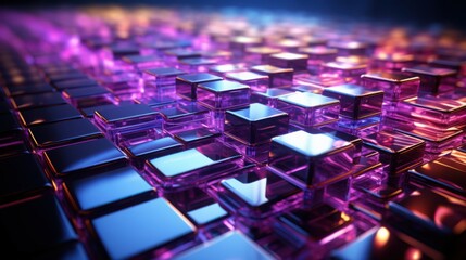 Fototapeta premium Futuristic 3D Neon Geometric Shapes in Blue and Violet, Symbolizing AI and Innovation