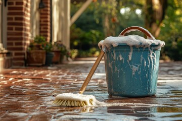 Bucket filled with soapy water and a scrub brush for cleaning outdoor surfaces in bright sunlight. Generative AI