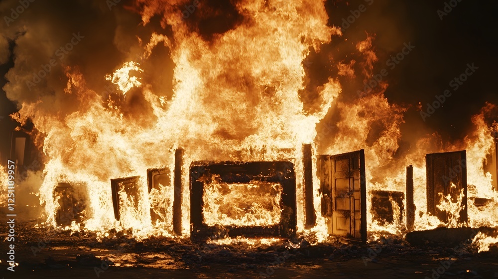 Poster intense blaze consuming buildings and structures in dramatic disaster scene of a dangerous and hazar