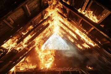Fire blazes in attic as flames engulf wooden beams and push through the roof during nighttime struggle. Generative AI