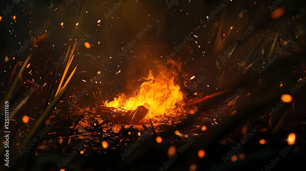Poster Intense burning flames engulfing the wilderness landscape creating a dramatic and apocalyptic scene of destruction and power  The fiery blaze illuminates the night with a mesmerizing yet dangerous