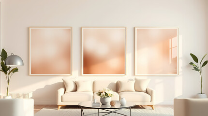 Three vertical ISO A2 frame mockup paper size,mockup poster on the wall of living room. 3D render, 3D visualization. Cozy interior in warm beige, neutral colors. Reflection of light from the window