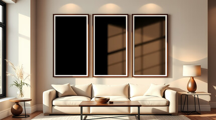 Three vertical black frame mockup on the wall of living room. Modern interior design with black details. 3D render, 3D visualization. Cozy interior in warm beige colors. Soft light falls from the left