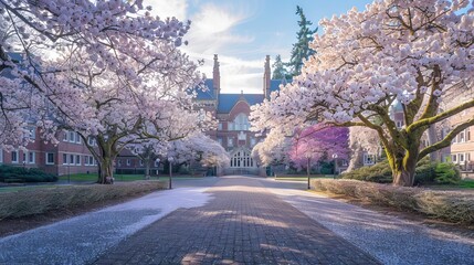 Cherry trees in full bloom during spring season at the university of washington campus in seattle, washington, showcasing vibrant pink flowers and scenic beauty.