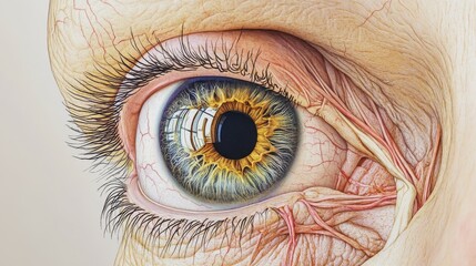 Fototapeta premium Close-up of a human eye showcasing intricate details and surrounding muscles.
