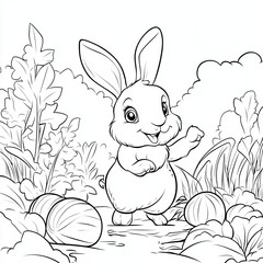 Adorable Rabbit in Vibrant Vegetable Garden Charming Coloring Book Page