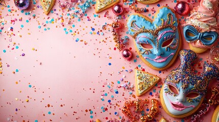 Fototapeta premium Join Purim festivity! triangle cookies, masquerade accessories bow tie, beads, confetti, a party blower, and graggers on a light pink surface with an area for text or promotions.
