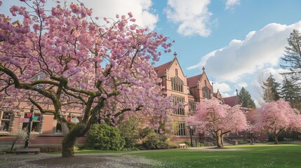 Obraz premium Cherry trees in full bloom during spring season at the university of washington campus in seattle, washington, showcasing vibrant pink flowers and scenic beauty.