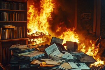 Papers and books burning in a home office causing chaos and destruction. Generative AI
