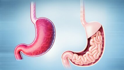 Fototapeta premium Illustration of stomach anatomy, showing both empty and filled states.