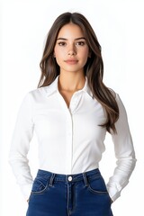 Fototapeta premium Confident Young Woman in White Shirt and Jeans