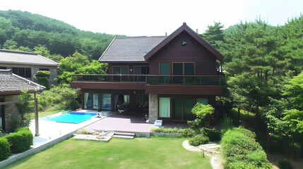 Modern hillside house with pool, green lawn, and mountain view; ideal for real estate listing