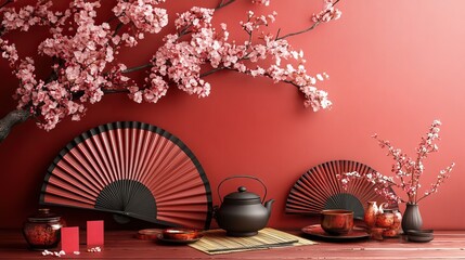 Fototapeta premium New Year banquet arrangement a fans, a tea ceremony set, a placemat, traditional coins, sycee, lucky red envelopes, and sakura on a red background, perfect for promoting your festive offerings.