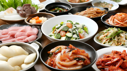 Korean Buffet Selection, Various Dishes, Restaurant Scene. Possible Stock Photo Use
