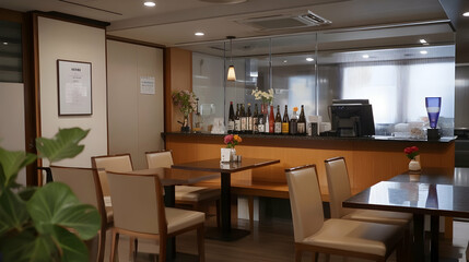 Fototapeta premium Restaurant interior, dining area, Japan, calm atmosphere, suitable for restaurant website