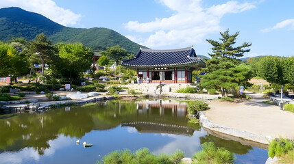 Naklejka premium Korean traditional temple complex reflecting in a pond, serene landscape