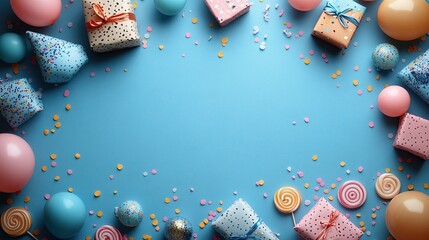 birthday party concept. cheerful table arrangement featuring presents, birthday hats, lollipops, balloons, and confetti on a pastel blue background, perfect for text or ad.