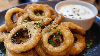 Naklejka premium Mushrooms dipped in beer batter and coated with deep fried with a creamy ranch dip