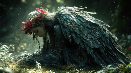 A woman is kneeling in a forest with a large black angel on her head