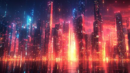 Fototapeta premium Neon city skyline, futuristic cityscape, night, reflection, digital art, website banner