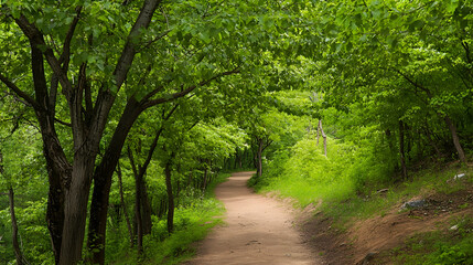 Naklejka premium Lush forest path, winding trail through trees, nature, tranquility, outdoor space, perfect for nature photography