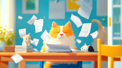 A fluffy orange cat sits calmly as two kittens play and papers fly around joyfully