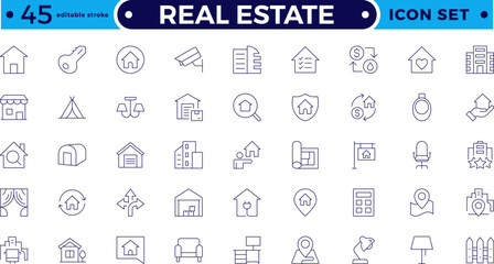 Real Estate minimal thin line web icon set. Included the icons as realty, property, mortgage, home loan and more. Outline icons collection. House, key, buy, sell, loan. Editable stroke outline icon.
