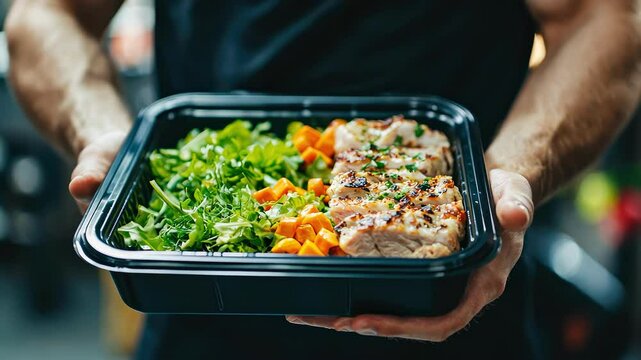 in his hands a container with lunch. Selective focus