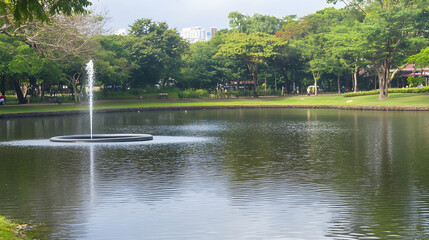 Obraz premium Park fountain in a tranquil pond, city in the background, relaxing atmosphere, for peaceful scene